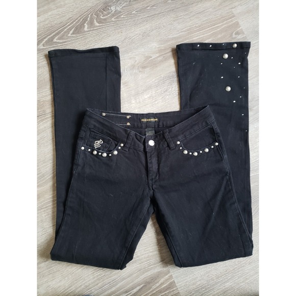 VTG Rocawear Jeans Juniors 3 Blk Pearl Studded Low Rise McBling Y2K Logo Bootcut - Picture 8 of 14